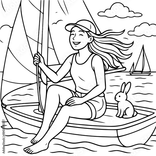 Sailboat Serenity: A young woman, filled with a sense of joy, steers a sailboat on the serene water alongside a little bunny friend, embracing a moment of leisure. 