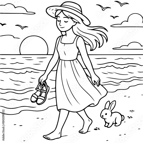 Summer Stroll: A tranquil scene unfolds as a woman, hat-adorned, ambles along the shore, holding her sandals, a small bunny as her companion, with the backdrop of the sea and the sun setting.