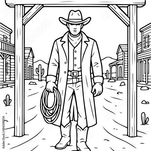 Cowboy in the Wild West: A brave cowboy, clad in classic attire, strides confidently through the frontier town, lasso in hand, embodying the spirit of the Wild West.