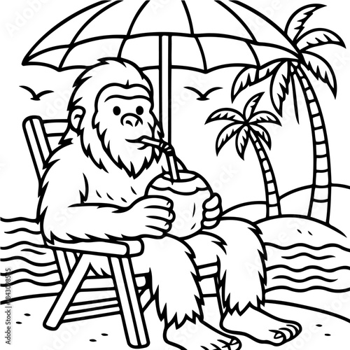 Bigfoot's Beach Bliss: A relaxed illustration of a bigfoot enjoying a tropical vacation, sipping from a coconut drink under a beach umbrella with palm trees and seagulls.