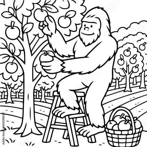 Bigfoot's Apple Harvest: An illustration captures the whimsical moment of a Bigfoot character picking ripe apples from a tree, with a basket awaiting the bounty of the orchard. 