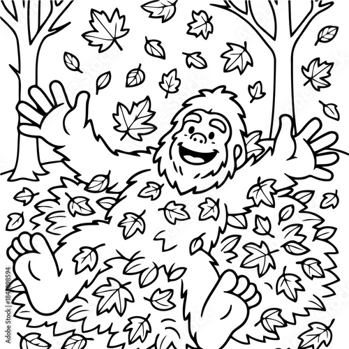 Bigfoot's Autumnal Joy: A whimsical illustration depicts Bigfoot frolicking in a pile of falling leaves, celebrating the beauty of autumn.