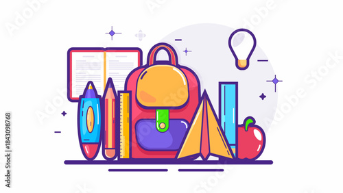 Back to School vector set with vibrant study essentials: blue backpack, open textbook with 'LEARN' title, pencil, highlighters, and ruler. Ideal for education, student, learning, stationery, School