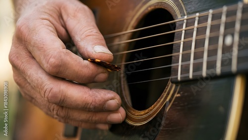 Close-up of Hands Playing Acoustic Guitar.