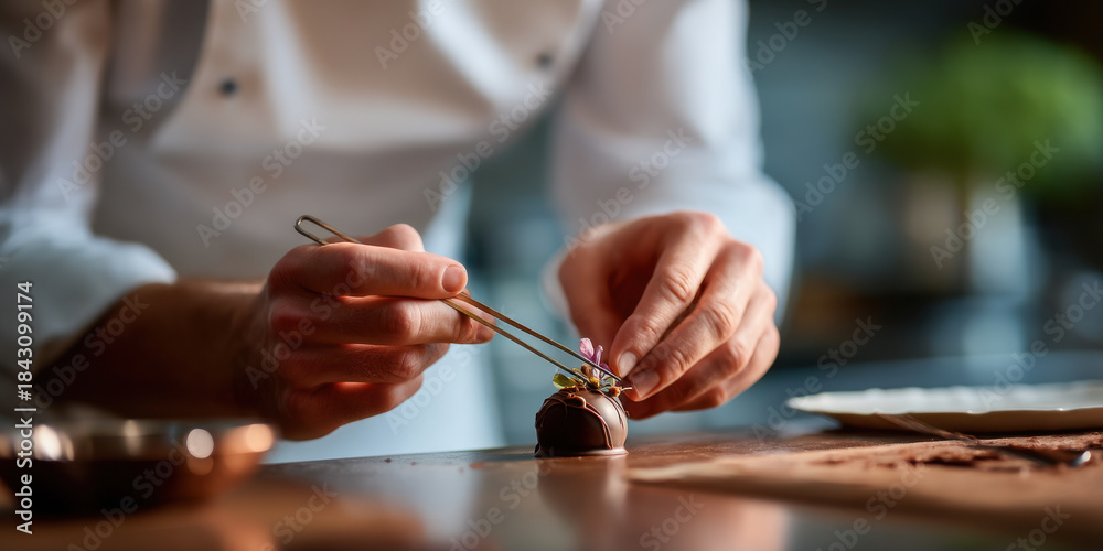 Fototapeta premium Chocolatier placing edible flower on gourmet chocolate truffle with tweezers in kitchen