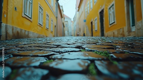 Narrow, rain-slicked cobblestone street between yellow buildings