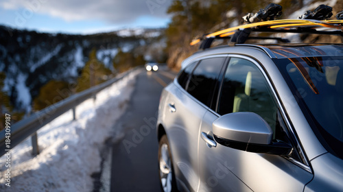 A silver car parked beside a picturesque snowy mountain road exemplifies winter travel's allure, surrounded by stunning natural beauty and inviting scenery.