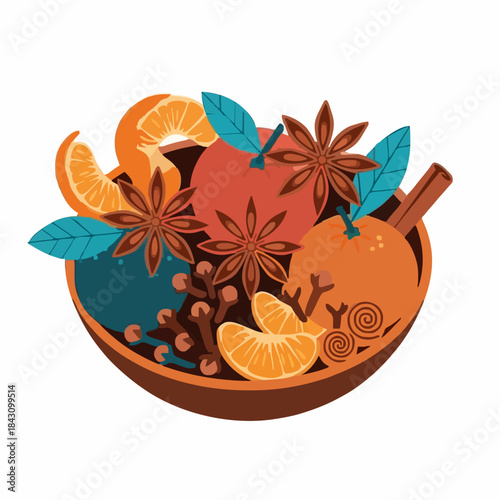 Vector illustration of a bowl with oranges star anise and cinnamon for christmas or fall themes