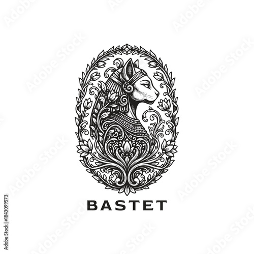 Ancient Egyptian goddess Bastet illustration with cat head and ornate floral frame in vintage woodcut engraving style