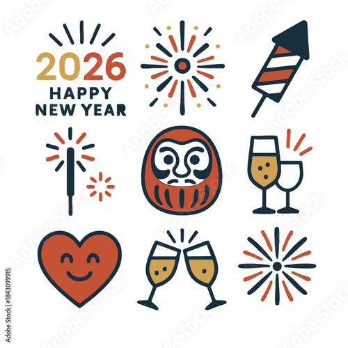 2026 happy new year celebration icon set with fireworks, champagne and daruma