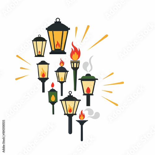 Vector illustration of multiple glowing lanterns with flames and light rays on white background for christmas decoration