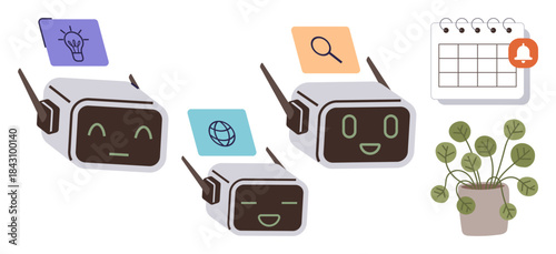 Three robots with expressive faces displaying icons for idea, global connectivity, and search. Nearby are a potted plant and a calendar with a notification. Ideal for technology, innovation, AI