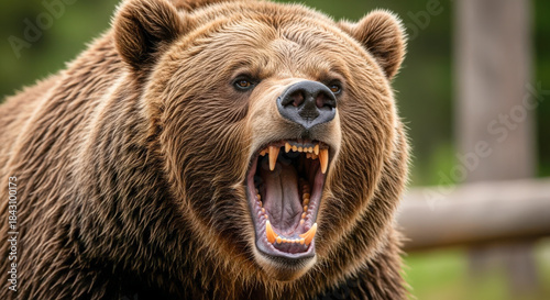 A close-up of a roaring brown bear showing its sharp teeth and open mouth, capturing aggression and raw wildlife power.