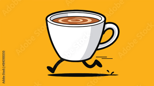 Cartoon coffee cup with legs running quickly across a bright orange background symbolizing morning energy and urgent caffeine needs