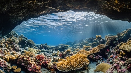 Fototapeta Naklejka Na Ścianę i Meble -  The view from deep within a shadowy cave, looking out at a brilliant, sunlit coral reef teeming with life, contrast