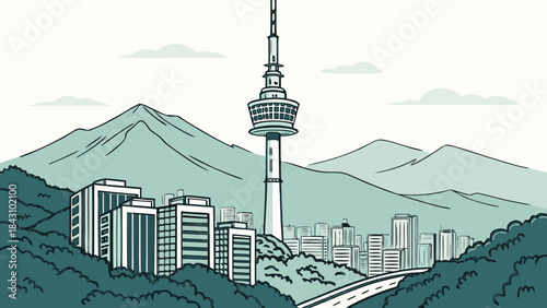 Seoul skyline features n seoul tower, city buildings, and mountainous terrain. Ideal for travel, architecture, urban landscapes, or south koreathemed designs.