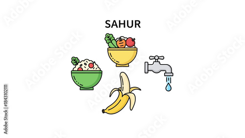 Pre-dawn Meal Preparation for Fasting with Healthy Food and Hydration Icons