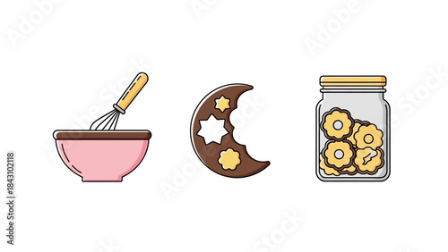 Sweet homemade treats mixing ingredients, decorative moon cookies, and a full jar of baked delights