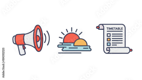 Collection of Icons Representing Communication, Sunrise, and Timetable