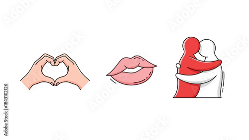 Collection of love and affection icons heart hands, kissing lips, and a warm embrace, illustrating emotional connection and romantic gestures