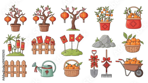 Vibrant illustration set for Lunar New Year celebration with garden elements