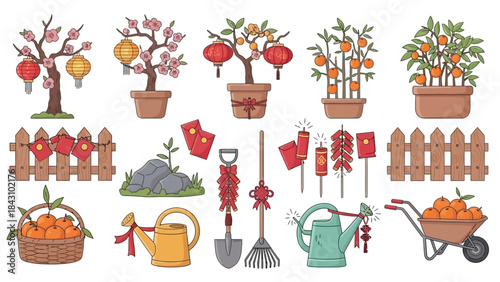 Chinese New Year Decorations and Celebrations Icon Set