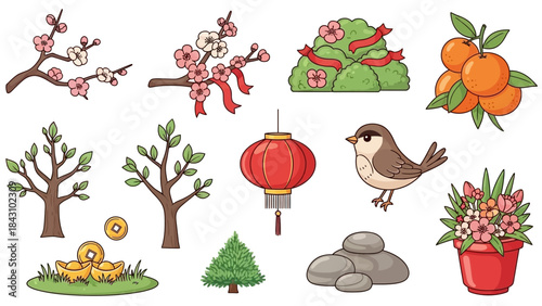 Vibrant collection of nature and cultural icons for spring celebrations