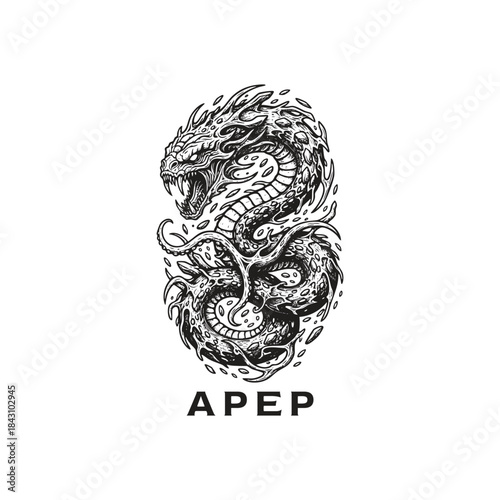 Detailed engraving illustration of Apep, the ancient Egyptian serpent god of chaos and darkness, in a vintage woodcut style