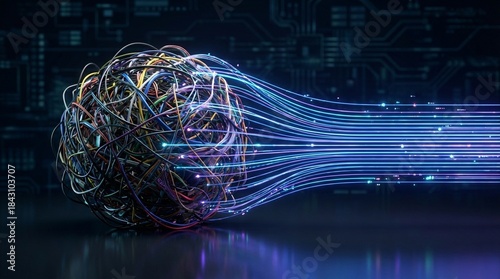 Glowing data stream from tangled network cables