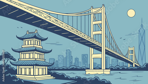 Shanghai skyline featuring a bridge, pagoda, city building, and skyscraper in a vibrant metropolis. Suitable for travel brochures and cityscape promotions.