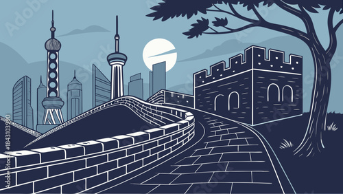 Shanghai skyline and the great wall showcase chinas past and future. Suitable for travel brochures, presentations, cultural articles, and educational materials.