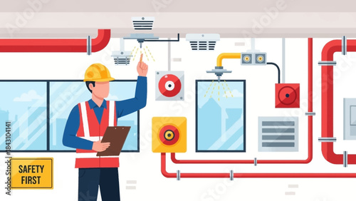 Illustration of a construction worker inspecting a building's mechanical system with a clipboard in a safety-first environment.