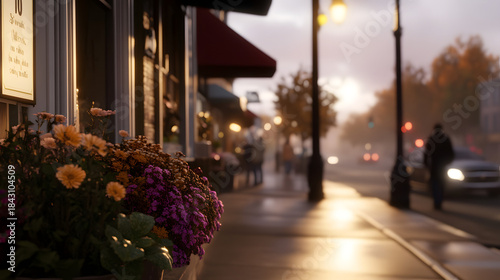 Vibrant Autumn Flowers in a Pot on a City Street.
