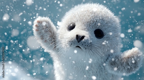 Baby seal plays in the snow, enjoying winter activities in its icy habitat by the ocean