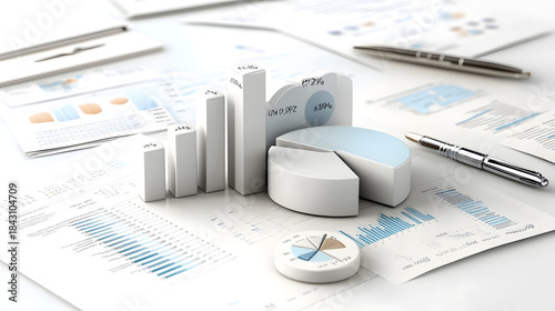White 3D Charts and Graphs with Percentages on Financial Documents.
