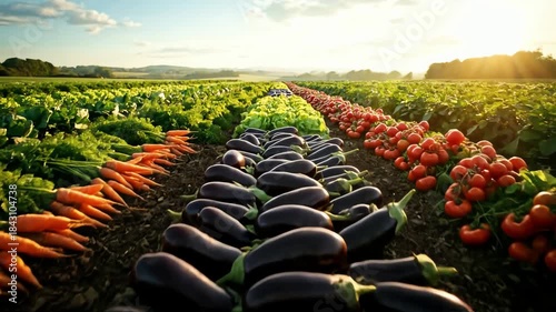 A cinematic dolly shot pulling back to reveal rows of fresh vegetables growing on a beautiful farm at sunrise.