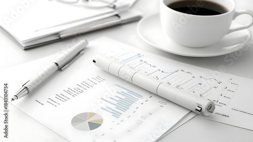 White Pen Resting on Financial Reports with Coffee Cup.