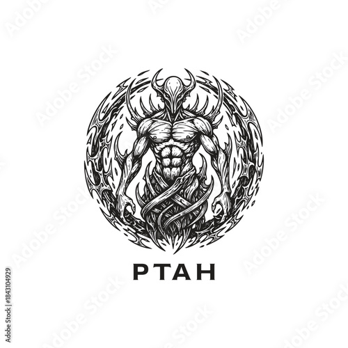 Artistic black and white engraving illustration of Ptah, the ancient Egyptian creator god and patron of craftsmen