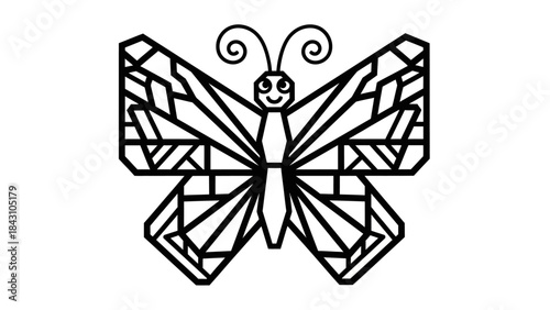Symmetrical geometric butterfly line art with ornamental wings and stencil design