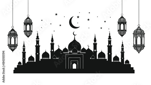 Ornate mosque skyline silhouette with crescent moon lanterns for Ramadan night
