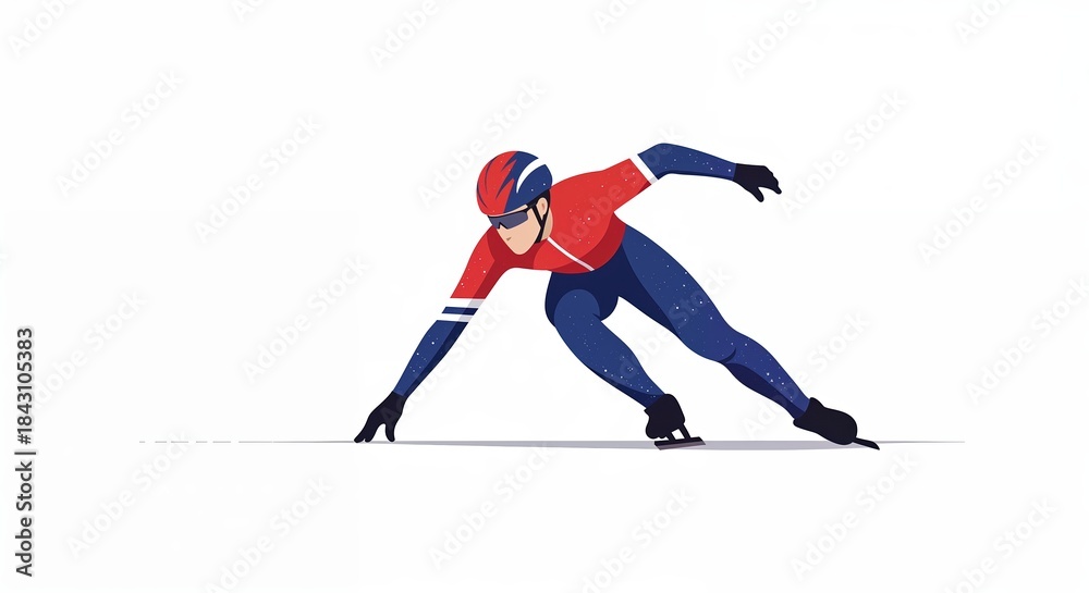 Obraz premium An athletic person in a red and blue speed skating suit glides across a white surface, demonstrating focus and agility in a dynamic racing pose.