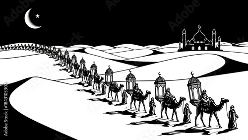 Silhouetted desert camel caravan approaching distant mosque beneath crescent moon