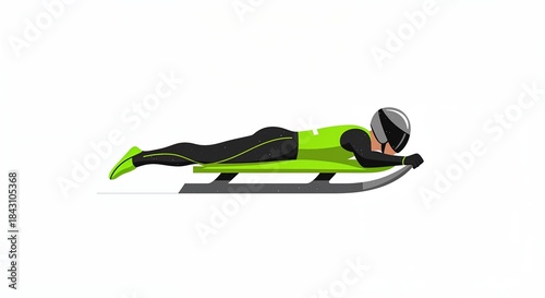 An athlete in a neon green and black suit lies prone on a luge sled, speeding across a clean white background during a winter sports competition.
