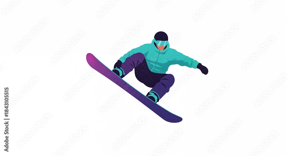 Fototapeta premium A snowboarder in a teal jacket and dark purple pants performs an aerial jump on a vibrant gradient board against a clean white background.