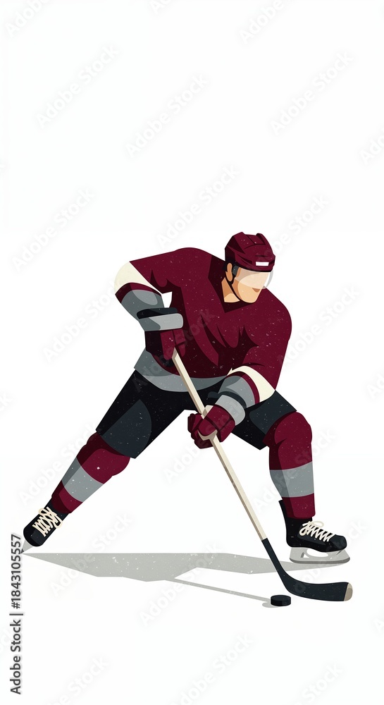 Obraz premium An ice hockey player in a maroon and grey uniform with a helmet and visor, holding a stick and puck in a dynamic stance on a white background.