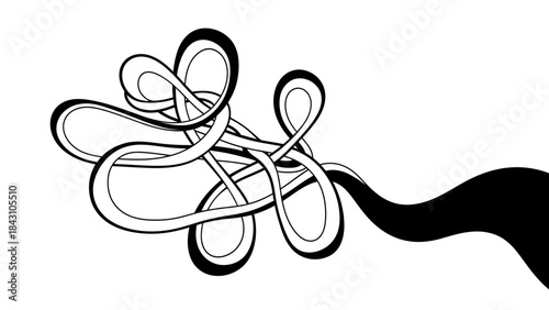 Abstract black and white looping ribbon ink trail forming tangled loops and flowing ribbon