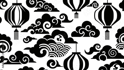 Seamless black and white Asian lanterns clouds pattern with ornamental waves