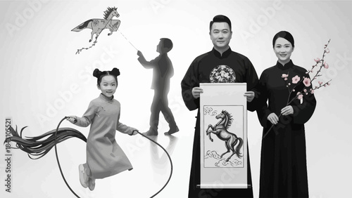 Traditional family celebration portrait with horse scroll kite blossoms and ribbon