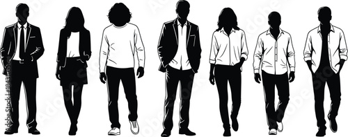 Walking and standing silhouettes, diverse fashion vector, black people clipart, casual and formal outfit design, posture illustration, character style SVG