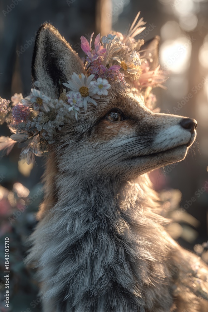 Obraz premium Fox with a flower crown during golden hour in a forest setting